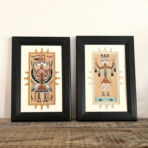 Genuine Navajo Sand Painting signed set of 2 - Picture 1 of 7